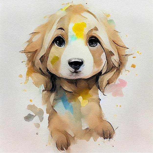 Golden Retriever. Adorable puppy dog. Watercolor illustration with color spots. All dog breeds