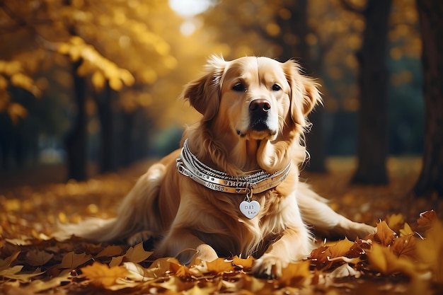 Golden Retriever in the autumn park Golden Retriever wear silver bracelet