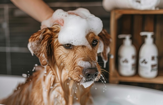 Photo golden retriever bathing in a bubbly bath