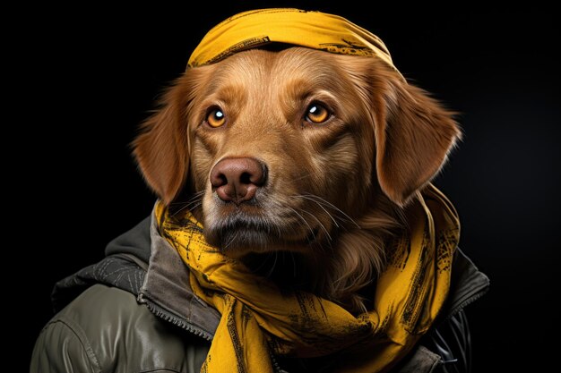 Golden Retriever Branco posing in the studio with a yellow scarf and jeans jacke generative IA