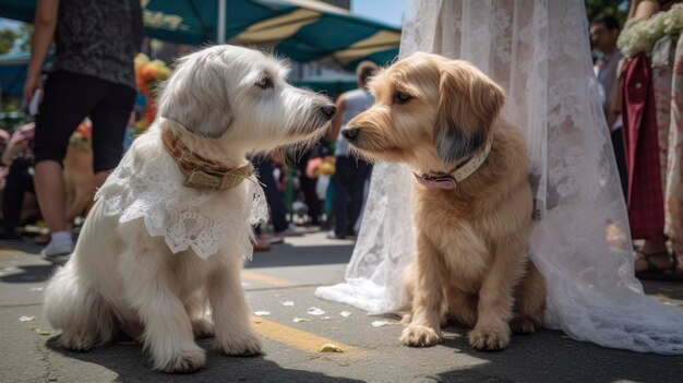 Golden Retriever and bride at the wedding day Selective focus