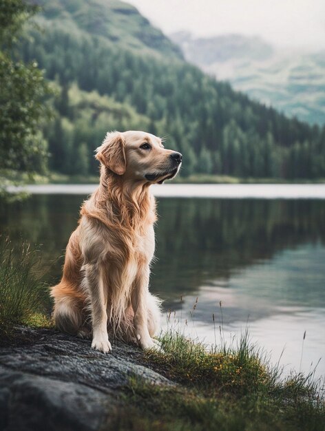 Photo golden retriever by serene lake in lush green landscape