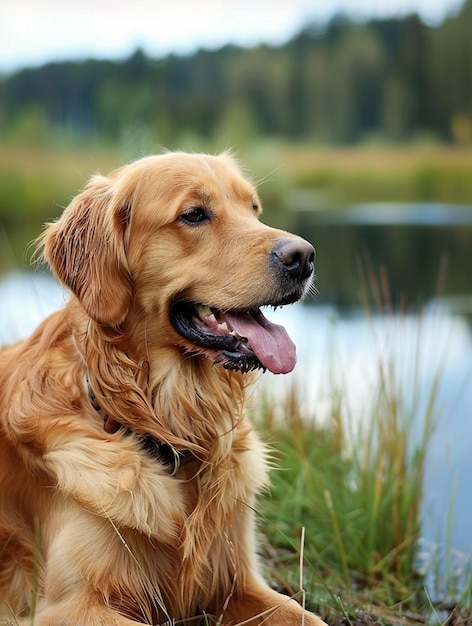 Photo golden retriever by serene lakeside in nature