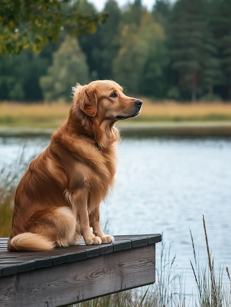 Photo golden retriever by tranquil lake serene nature companion