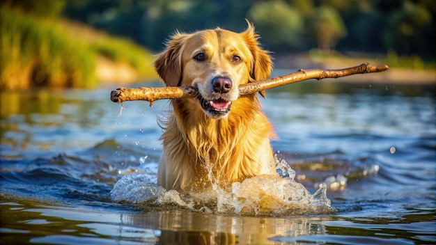 Golden Retriever Carrying Stick Out of Water Generative AI