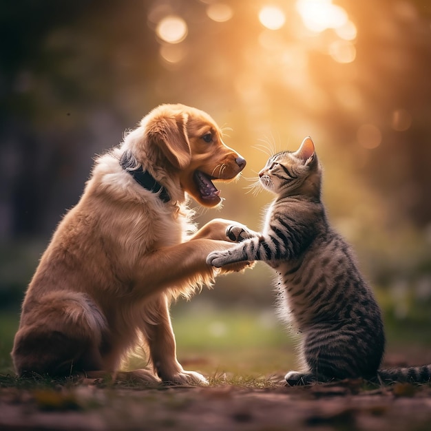 A Golden Retriever and a cat