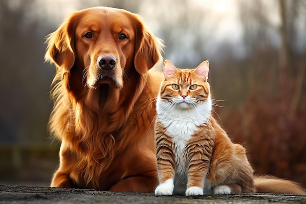 A Golden Retriever and a cat