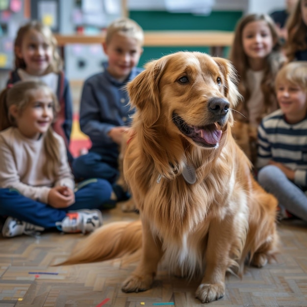 Photo golden retriever in a classroom with happy children dog therapy session for kids ideal for education and pet care themes high quality colorful and cheerful image generative ai