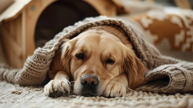 Golden Retriever in Cozy Sweater Resting by Doghouse at Home