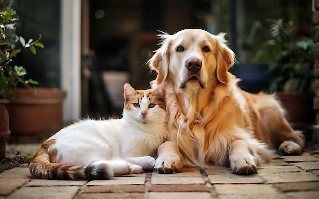 Golden Retriever dog and cat sitting together in the garden