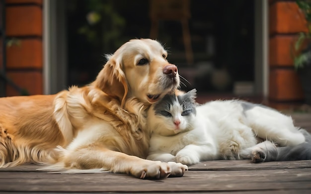 Golden Retriever dog and cat sitting together in the garden