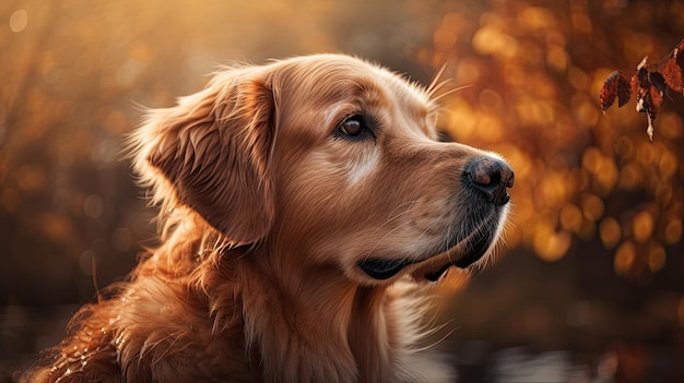 Golden retriever dog in front of a fall background