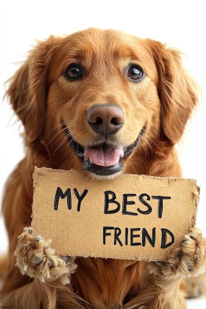 Photo golden retriever dog holding sign saying my best friend