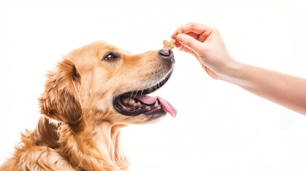 Photo a golden retriever dog is being given a treat by a hand