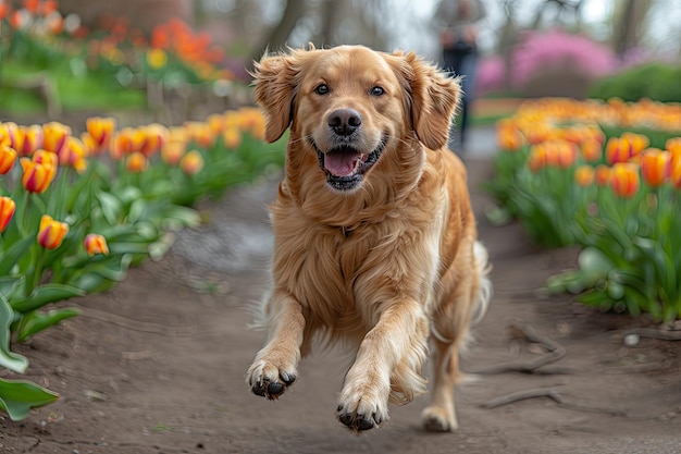 A golden retriever dog is energetically running through a vibrant field of blooming tulips with the