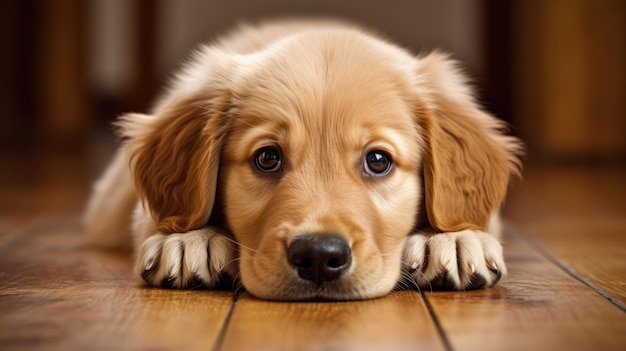 A golden retriever dog is lying on a wooden floor.