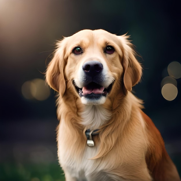 A golden retriever dog is sitting in the grass.