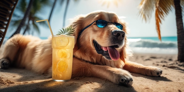 Golden Retriever dog is on summer vacation at seaside resort and relaxing rest on summer beach of Hawaii