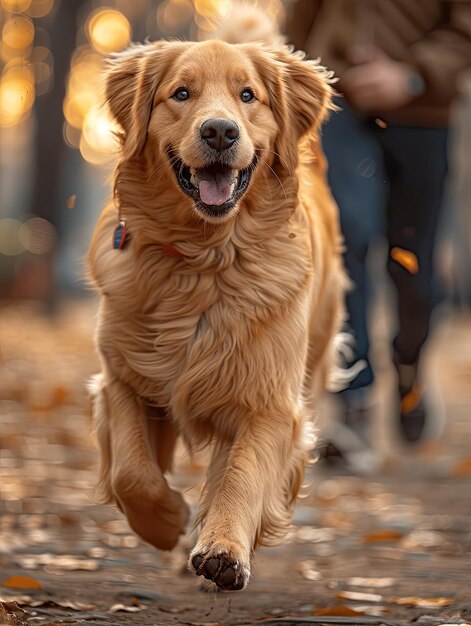 A golden retriever dog joyfully runs through a pile of fallen autumn leaves The dogs fur gleams in t