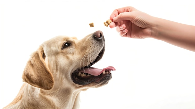 Photo a golden retriever dog looking up expectantly at a hand holding dog treats