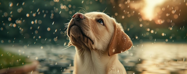 Photo golden retriever dog looking up at the sky with a soft expression in the wilderness canine creature