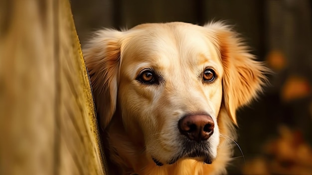 A golden retriever dog looks out from behind a curtain.