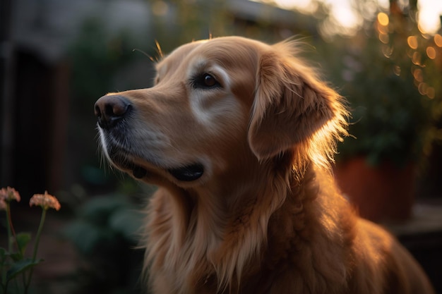 A golden retriever dog looks up at the sky.