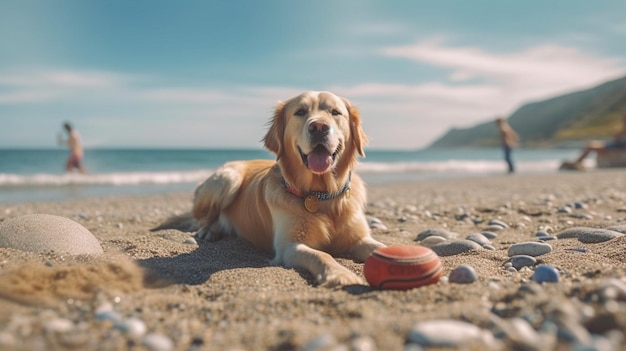 Golden Retriever dog lying on the beach and playing with ballgenerative ai