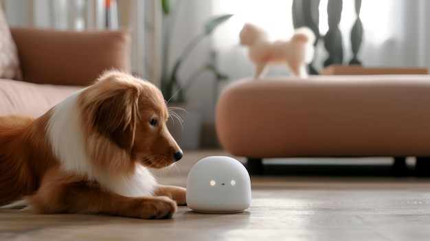 Photo golden retriever dog lying next to a smart home device in a modern living room