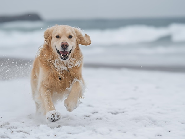 A golden retriever dog running through the snow towards the camera with its tongue out