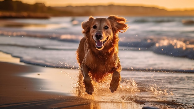 A golden retriever dog runs on the beach