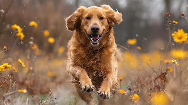 Photo a golden retriever dog runs through a field of yellow flowers on a cloudy day