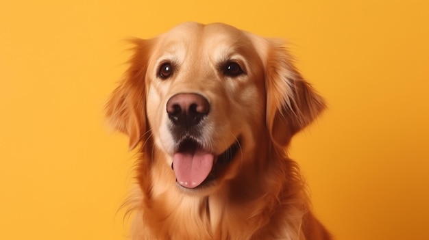 A golden retriever dog sits against a yellow background.