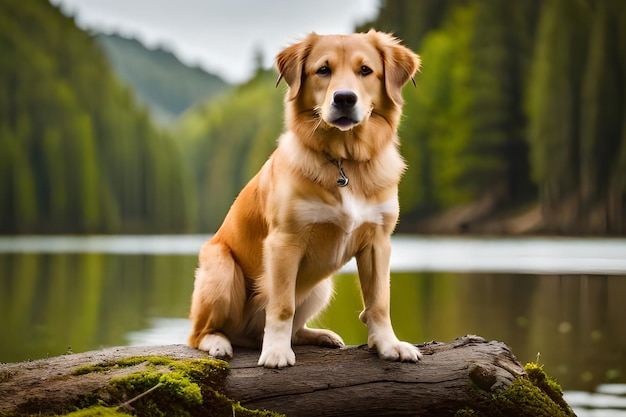 A golden retriever dog sits on a log in front of a lake.