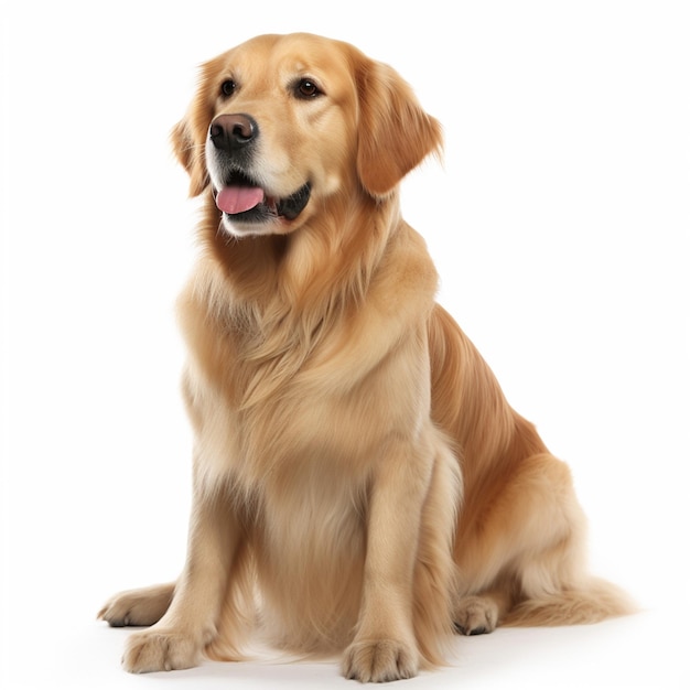 A golden retriever dog sits on a white background.