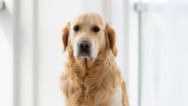 Golden retriever dog sitting in the room with daylight close to window and looking at the camera pur...