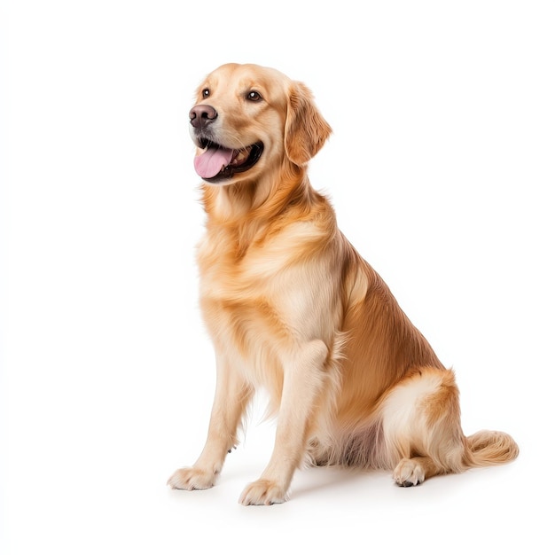 Golden retriever dog sitting on white background looking up with tongue out