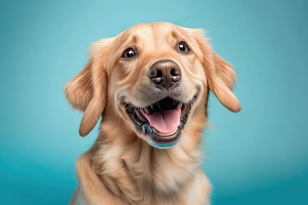 Golden retriever dog smiling in cyan background generative ai