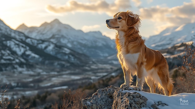 Photo a golden retriever dog stands on a snowy mountain ridge overlooking a valley with a majestic view of snowcapped peaks in the distance