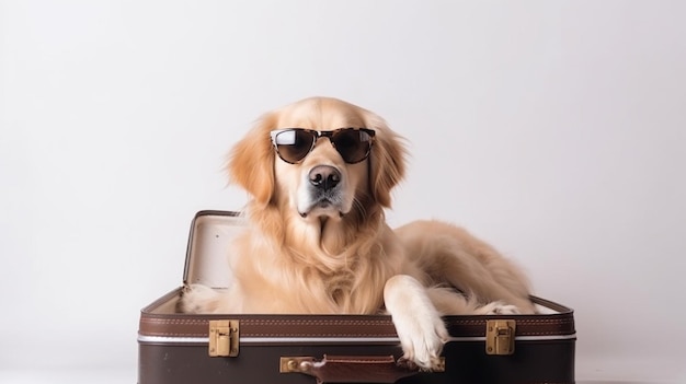 A golden retriever dog in a suitcase