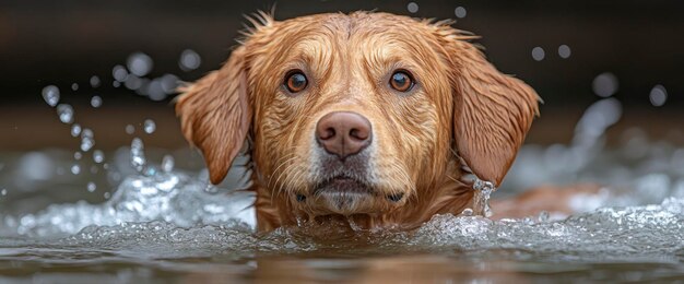 Photo golden retriever dog swimming and looking at camera