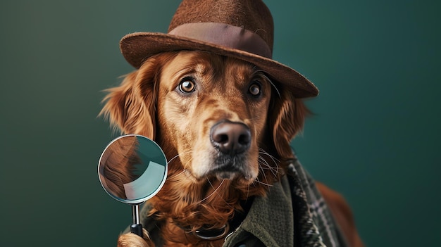 A golden retriever dog wearing a brown hat and scarf is holding a magnifying glass