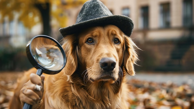 A golden retriever dog wearing a hat and holding a magnifying glass looks intently at the camera