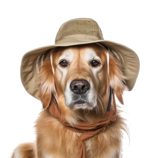 A golden retriever dog wearing a hat and a scarf.