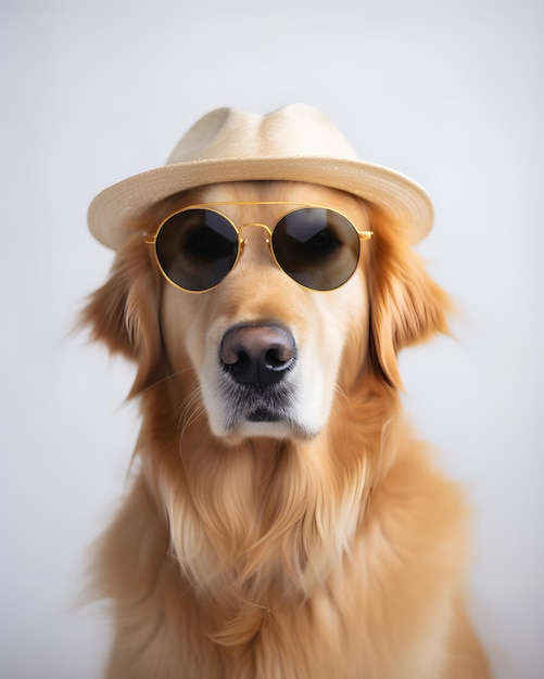 A golden retriever dog wearing sunglasses and a hat