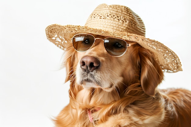 Golden Retriever dog wearing sunglasses and a straw hat