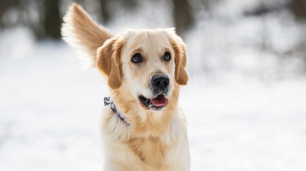 Golden retriever dog with beautiful cute eyes looking at the camera isolated on blurred white winter...