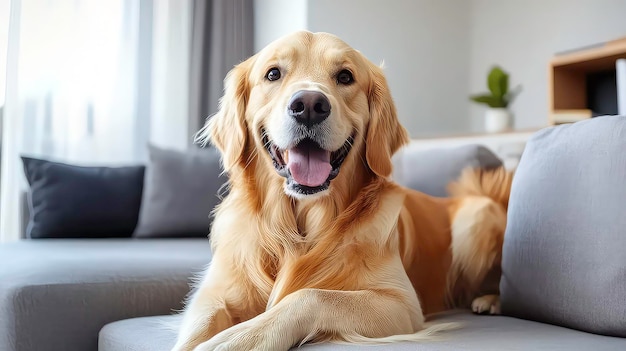 A golden retriever dog with a happy expression is lying on a gray couch