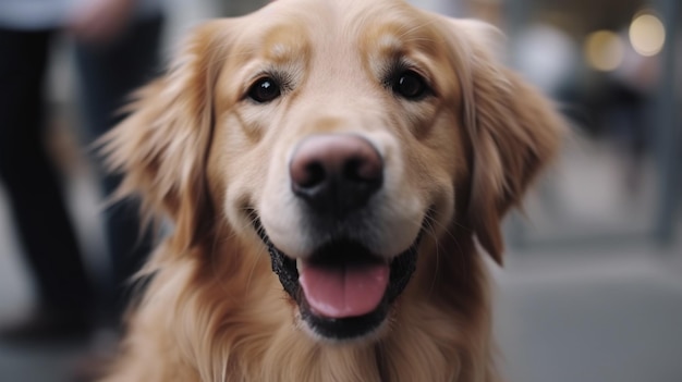 A golden retriever dog with a pink nose sits in front of a black background.