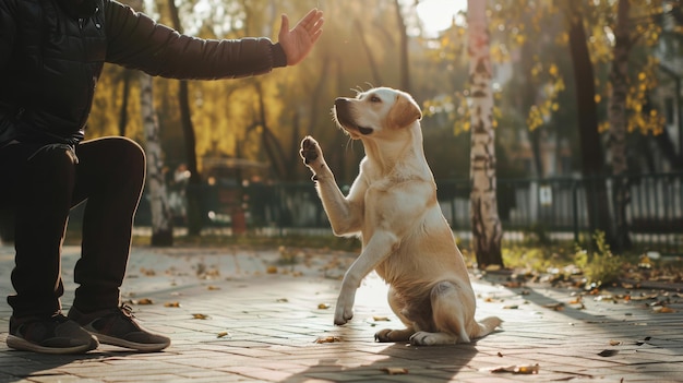 Photo a golden retriever eagerly gives a highfive to a person in a sunlit park showcasing the playful bond between humans and pets